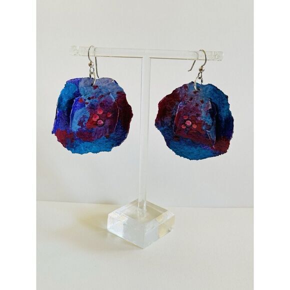 VTG Flashy Earrings Chunky Pierced Dangle Paper matche 80s Rare Pink Blue Ombre‎ - Picture 1 of 5